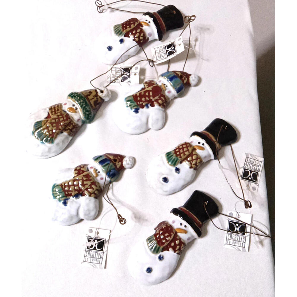 Set 6 Vintage Hand Painted Clay Snowman Christmas Ornaments Creative Co Op INC